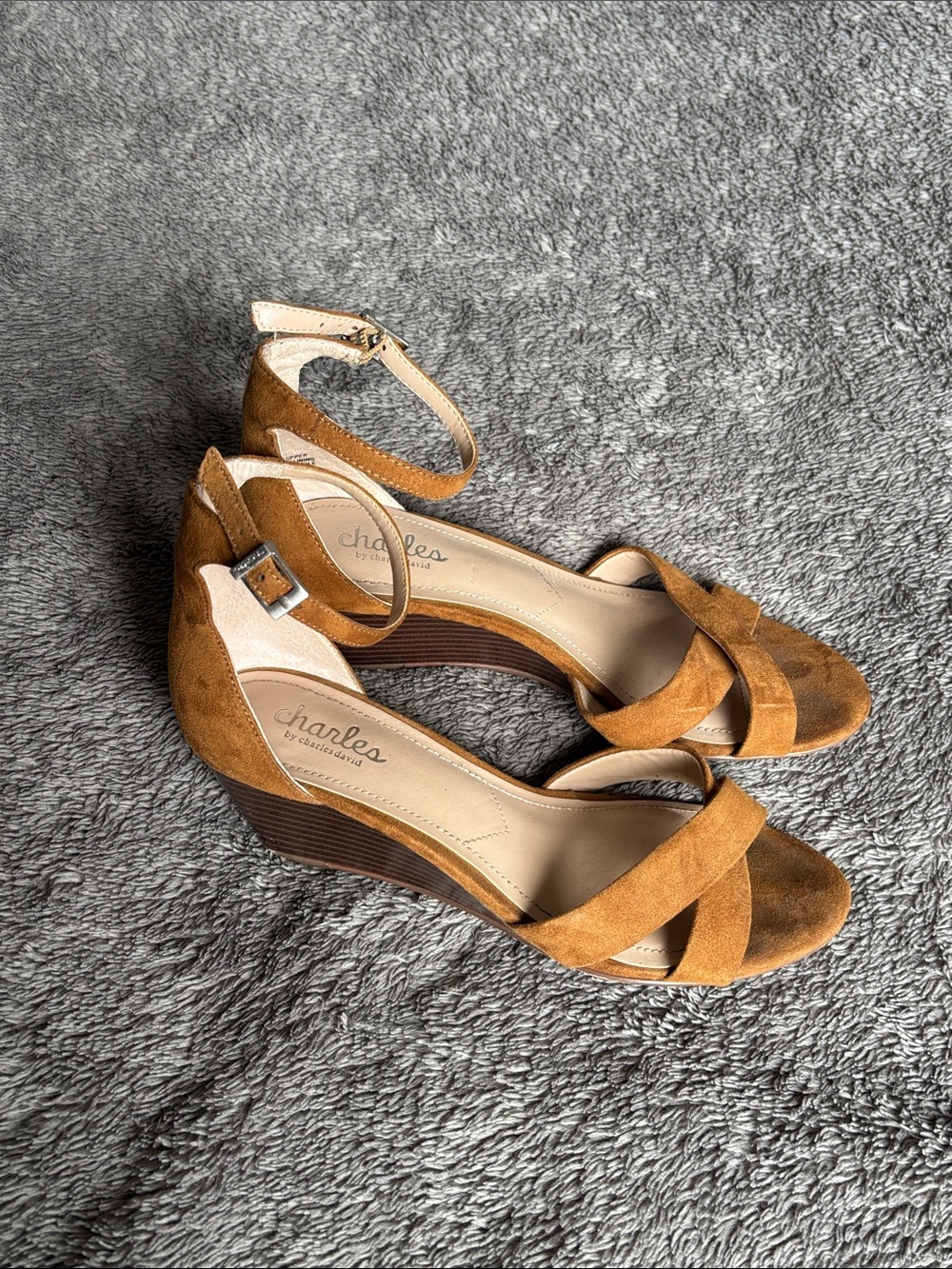Charles David Tan Suede Ankle-Strap Wedge Sandals